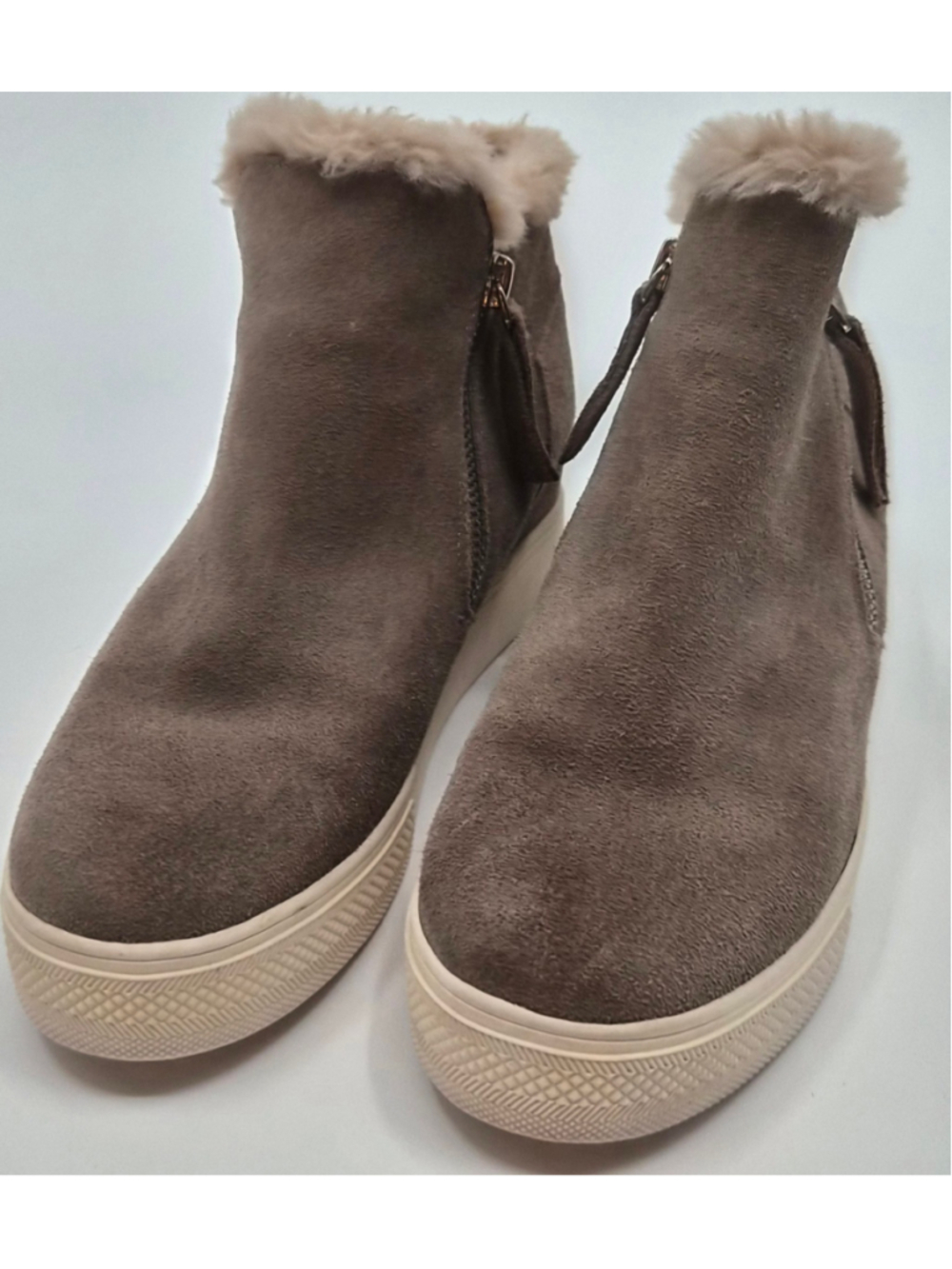 Dolce Vita Zucca Suede Faux Fur Wedge Sneaker Boots Taupe Double Zip Women's 7 M